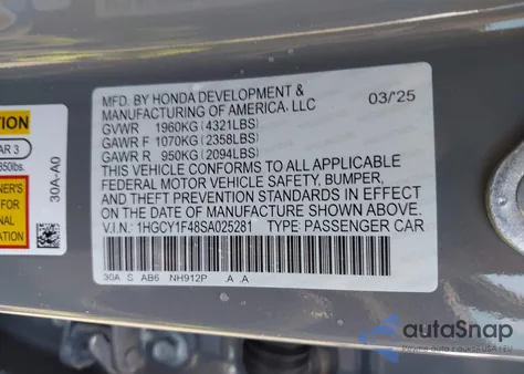 2025 Honda Accord Se z USA, uszkodzony, nr VIN 1HGCY1F48SA025281